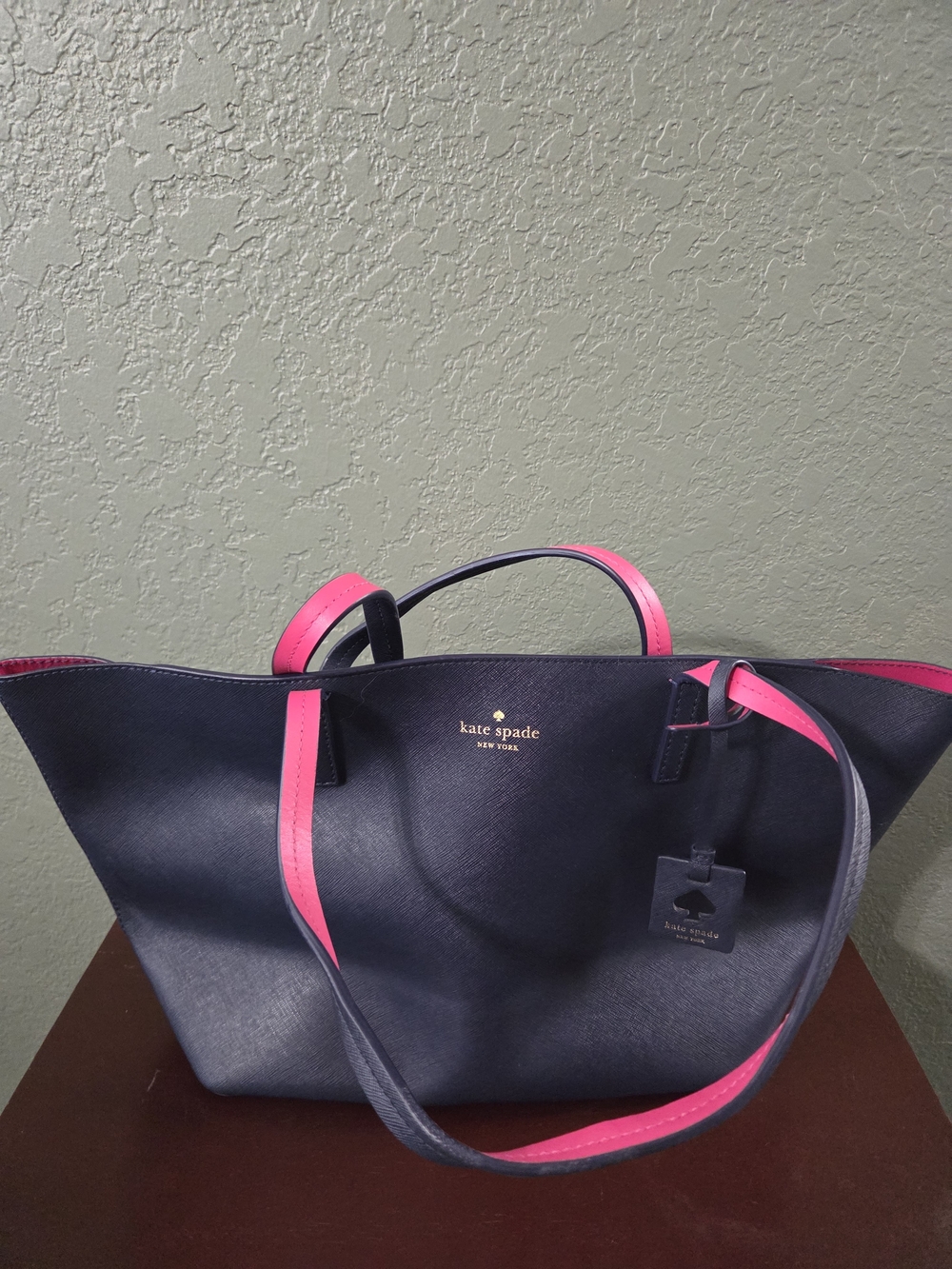 kate spade Navy Tote with Pink Trim and Gold Logo